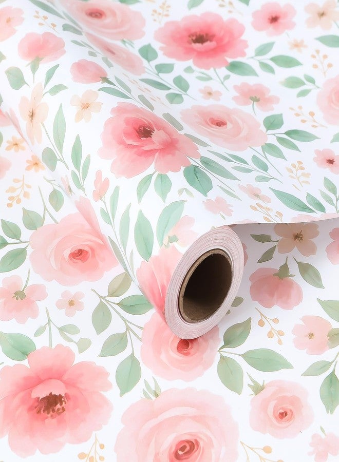 Floroom Floral Wrapping Paper Roll - 17 in. x 33 ft. (47 sq. ft.) Pink Watercolor Rose Flowers Gift Wrap for Weddings, Bridal Showers, Girls' Baby Showers, Mother's Day - Image 1